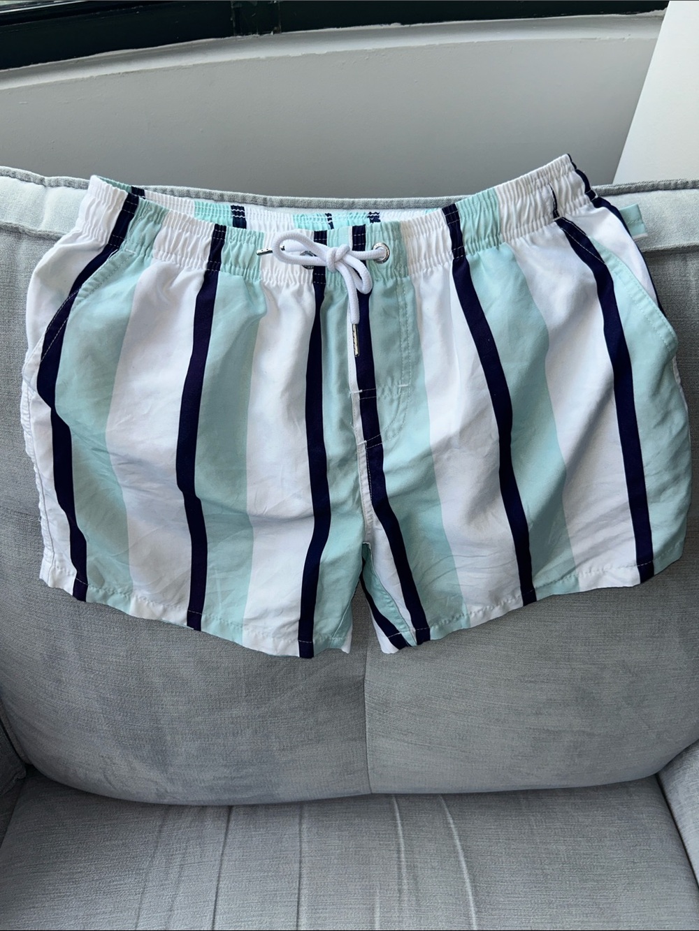 Men's Mint, White & Navy Stripe Swim Trunks